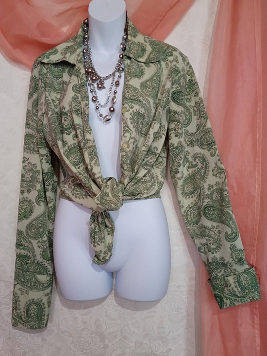 Rena Rowan Tops - Rena Rowan Ladies Green Paisley Tie-Front Button-Down Satin Shirt Sz 10